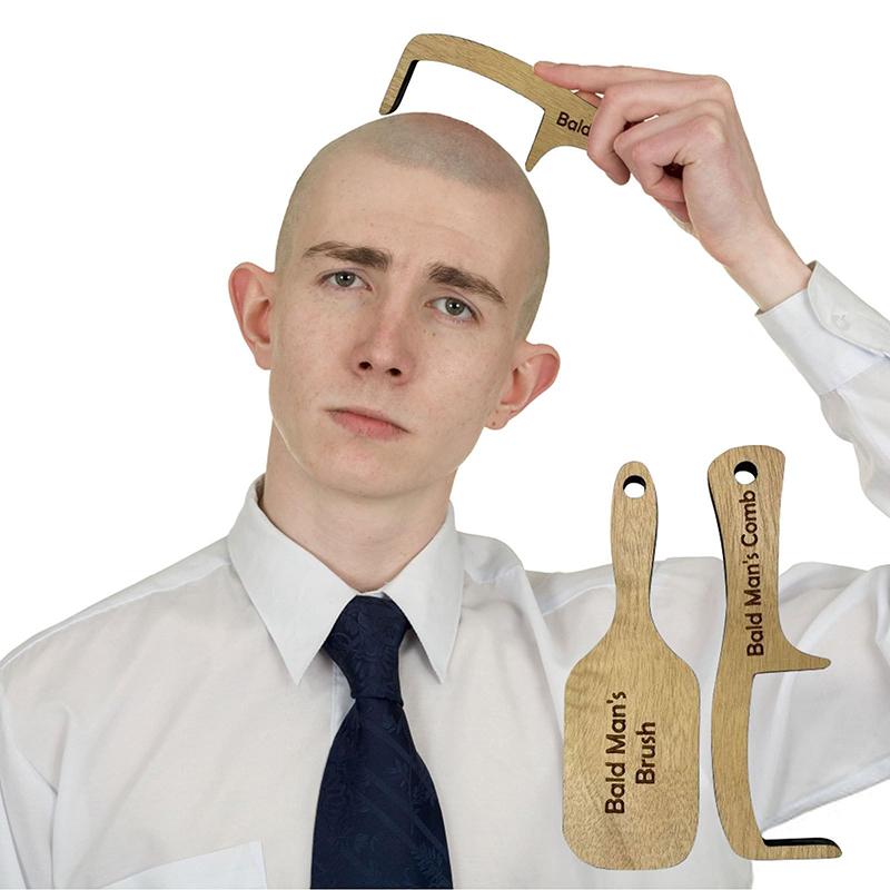 2Pcs Gag Hairloss Joke Gift For Bald Man Funny Wooden Hairless Combing Brush And Toothless Comb For Men Hair Loss Christmas Gift