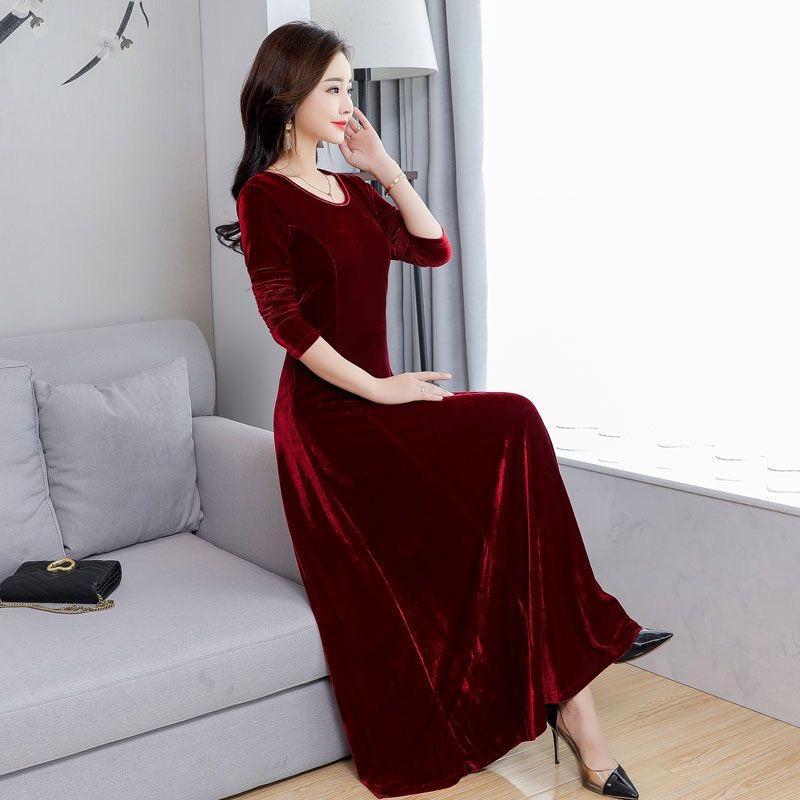 Plus Size Gold Velvet Long-Sleeve Dress - Spring/Autumn Style