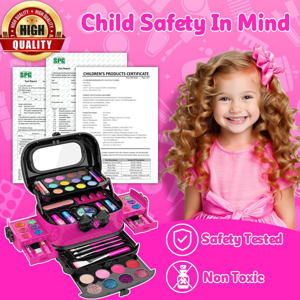 Hollyhi 58 Pcs Kids Makeup Kit for Girl, Princess Toys Real Washable Cosmetic Set with Mirror, Kids Makeup Sets for Girls, Play Make Up Birthday