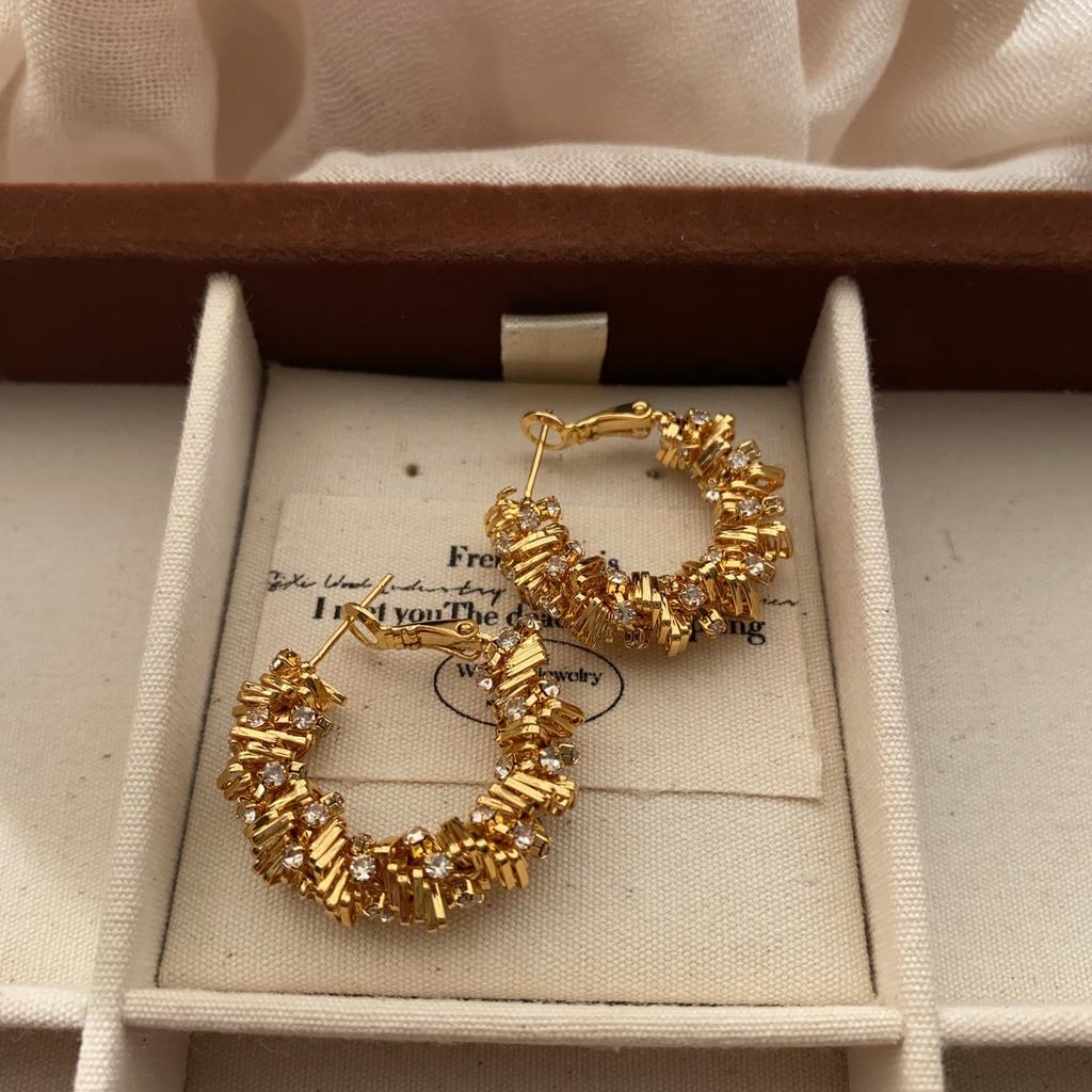 Simple Ring Earrings, Earrings Inlaid With Rhinestones, Light Luxury Shining Retro Three-Dimensional Earrings, Niche Unique Design Earrings