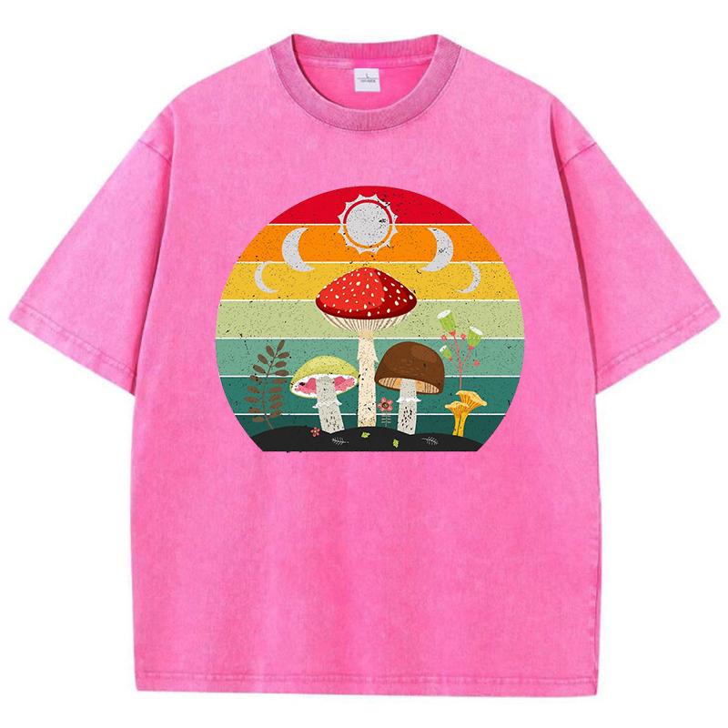 Cottagecore Aesthetic Mushroom Moon Design Washed T-Shirt Women Cotton Vintage Clothes Casual Sportswear Summer T Shirt