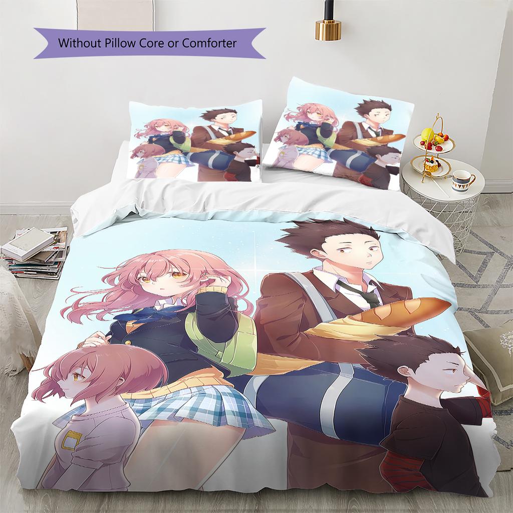 A Silent Voice Pattern Bedding,Quilt Set Quilt Cover Pillowcase Home Birthday Gift (1 * Duvet Cover + 2 * Pillowcase, Without Core)