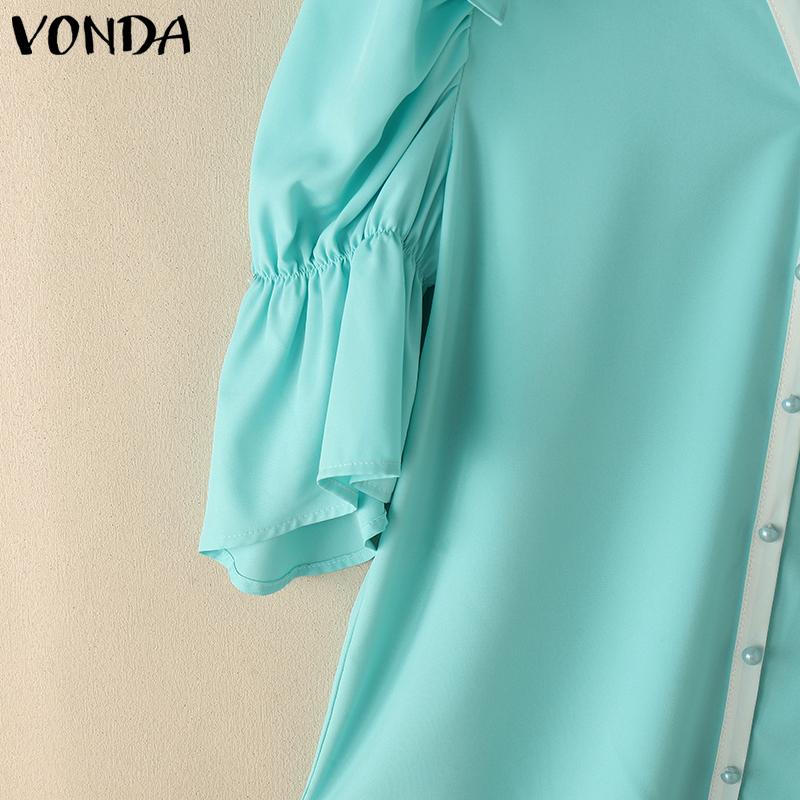 VONDA Women Summer V Neck Puff Half Sleeve Ruffled Buttons Casual Blouse