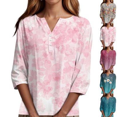 Women's T Shirt Tee Print Button  3/4 SleeveDaily Weekend Fashion Basic V- Neck Regular Top