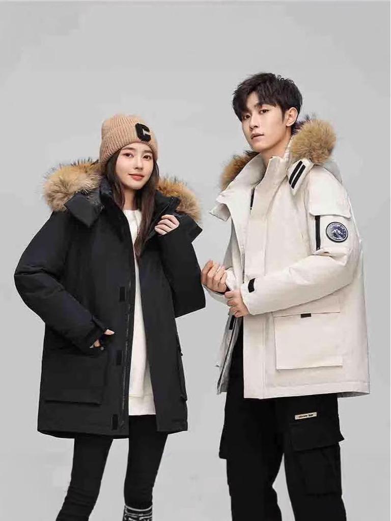 Men's American Style Winter Parka with Large Fur Collar, Mid-Length Outdoor Couple's Jacket, Mountain Windbreaker