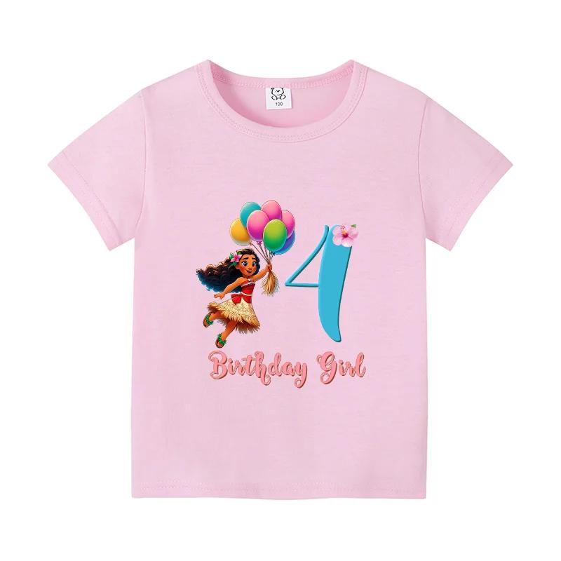 Moana 2 Cartoon Pattern Numbers Girls Cute T-shirts Kids Birthday Party Clothes 1-9 Print Child Tee Fashion Summer T Shirt Gifts