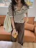 Women's Knitted Ice Silk Striped V-Neck Short Sleeve T-Shirt, Hong Kong Style, Summer 2025 Korean Fashion