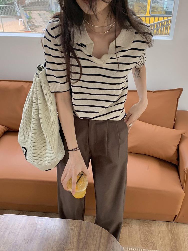 Women's Knitted Ice Silk Striped V-Neck Short Sleeve T-Shirt, Hong Kong Style, Summer 2025 Korean Fashion