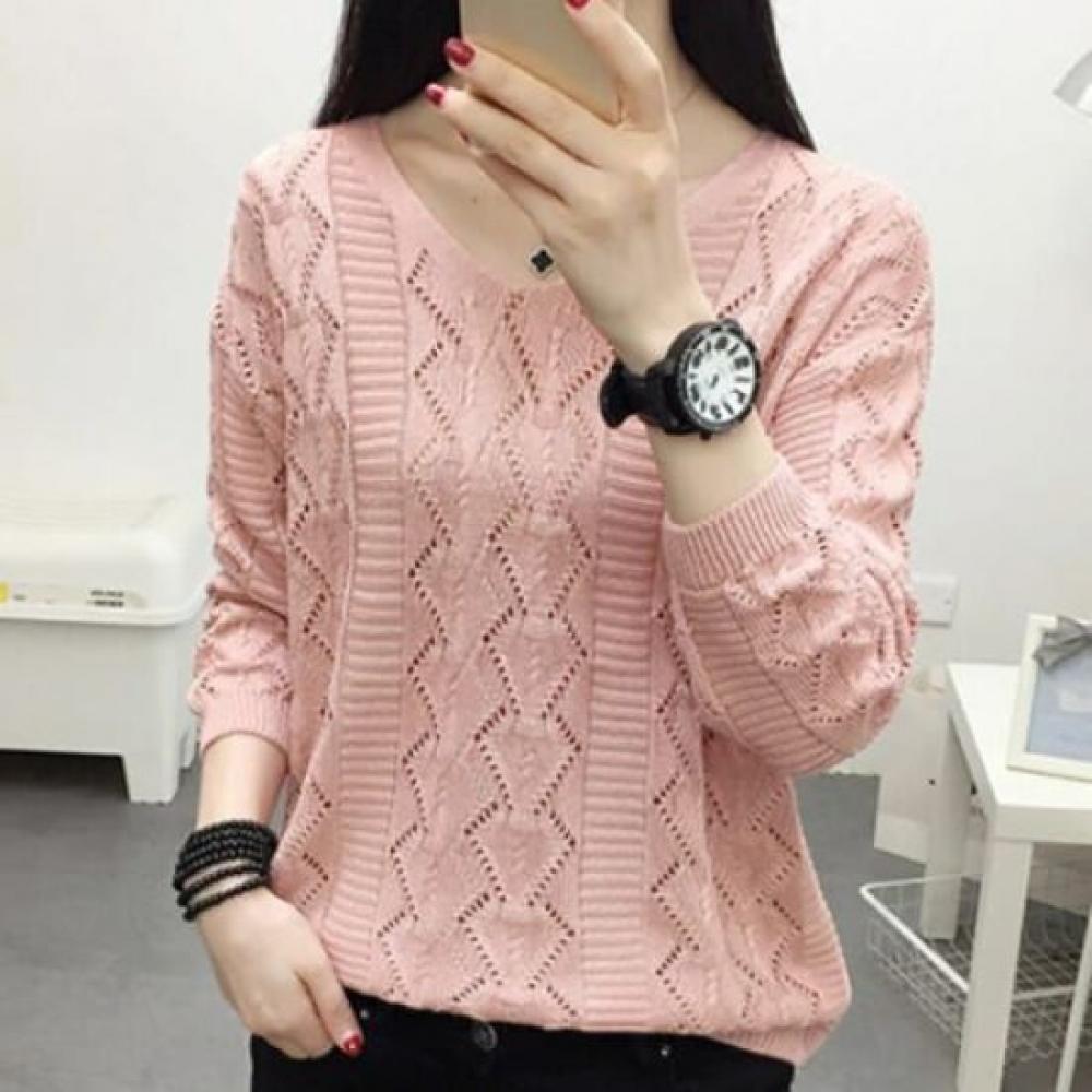 NaVaVa Nk1988 Simple Punching Thin Long SleeVe V Neck Knit Top
