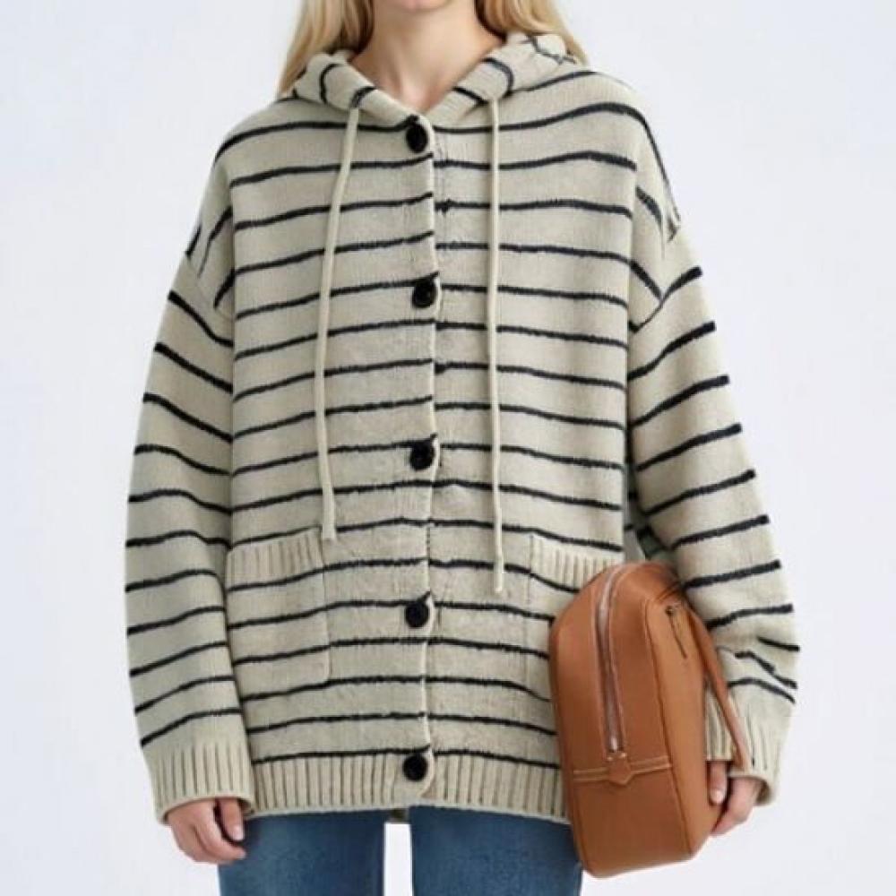 Navava Women Daily Casual Stripe Long Sleeve Hooded Knit Cardigan Nk3331