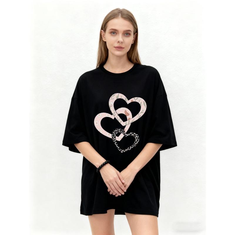 Oversized T Shirt Black Heart Pattern Graphic Print Casual Wear for Women Summer Fashion Street Style Top