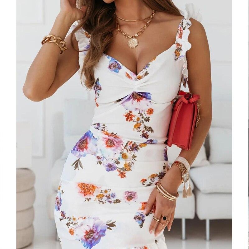 Summer Ruffle Party Dress Fashion Square Collar Sleeveless V-neck Floral Dress Mini Dress For Women Vestidos Elegant  21391