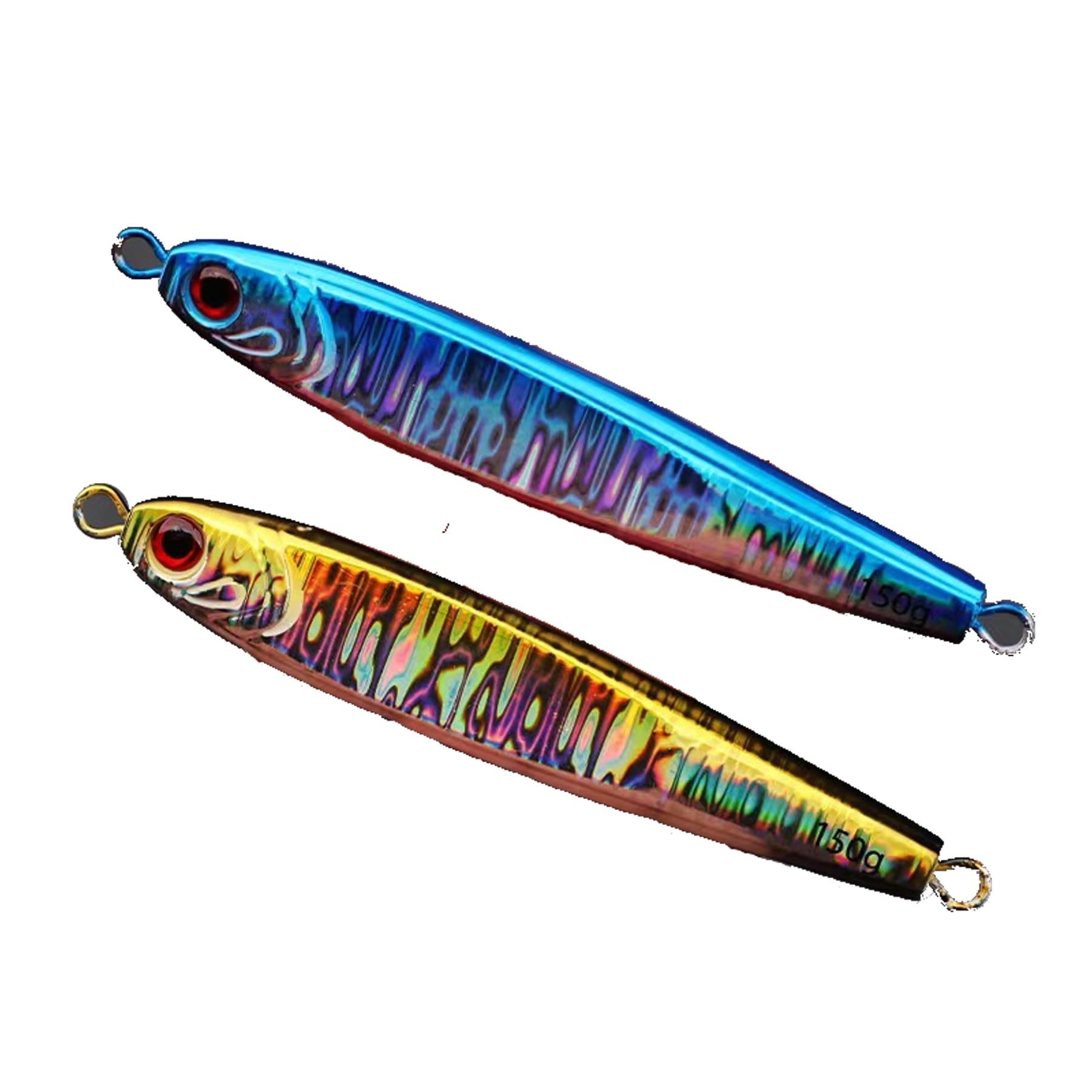 

ROOOCYY Metal Jig Lure, 150g, High Density, Fishing Tackle Lure Set for Sea Bass, Flounder, and Bluefish, Set of 2 (Blue Pink/Gold)