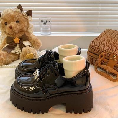 2025 Autumn Platform Small Leather Shoes Women's British Style New Thick Heel Heightening Black Loafers Lace-up Cotton Shoes