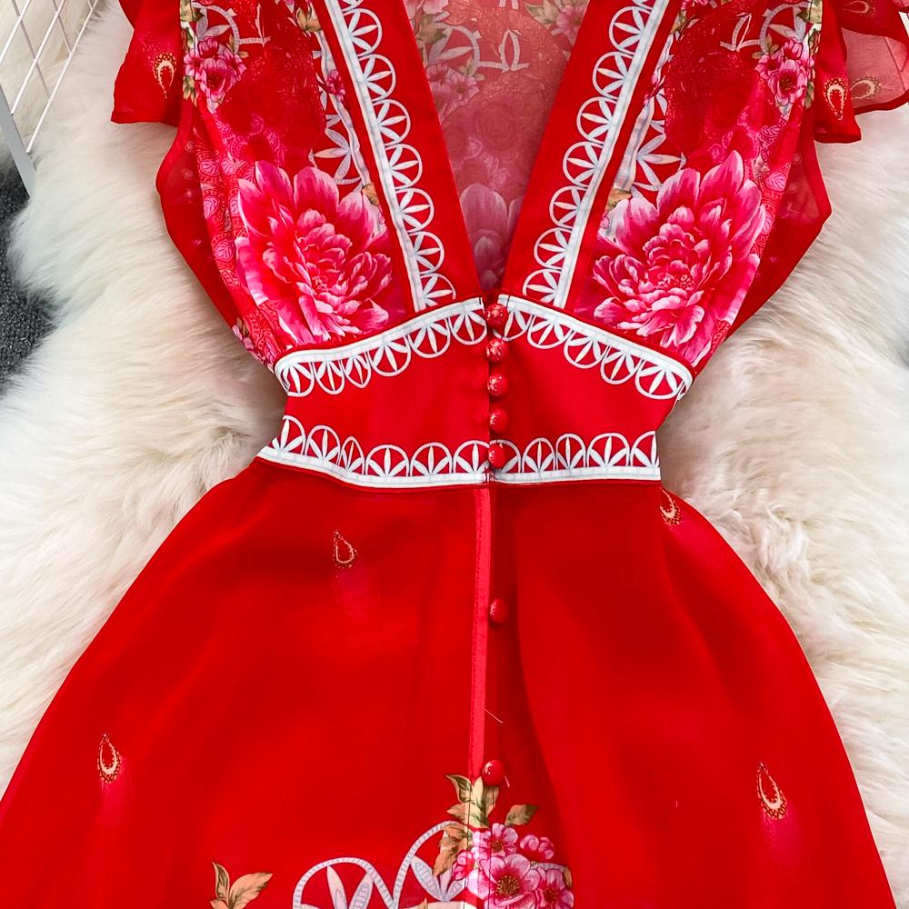 Fashion Runway Print Summer Dresses For Women Deep V Neck Flying Sleeve Single Breasted Split Long Pleated Chiffon Dresses