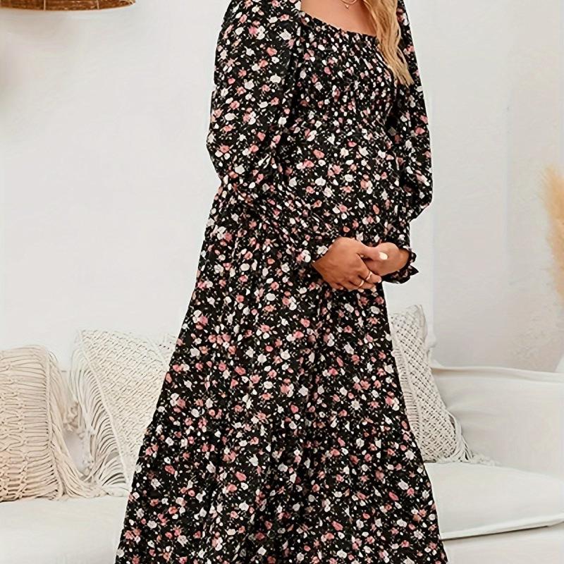 2025 European and American Floral Print Maternity Chiffon Dress with Casual Ruffles Small чёрный