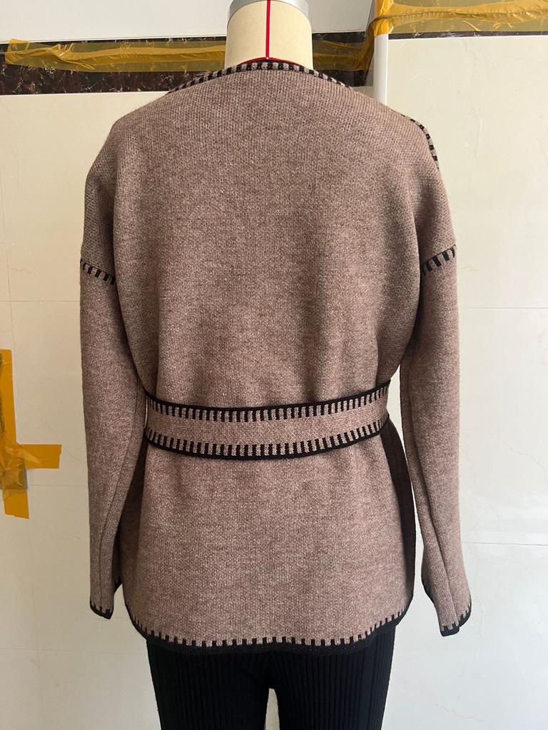Knitted Open-Front Cardigan Sweater Spring New Style Loose Color Block Long Sleeve Wool Coat