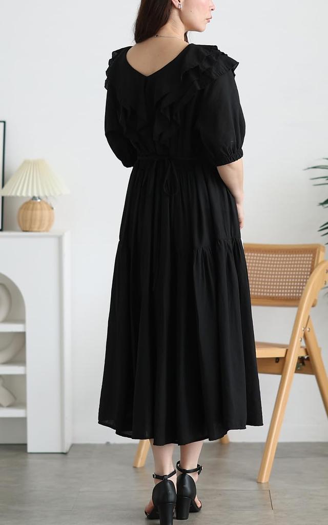 Plus Size Long Maxi Cooling Short Black [Gold Japan] Women's Dress, Fabric, Sleeves, Ruffle, Flare, Holiday, Spring, Summer, Autumn, maru-30247, 4L,