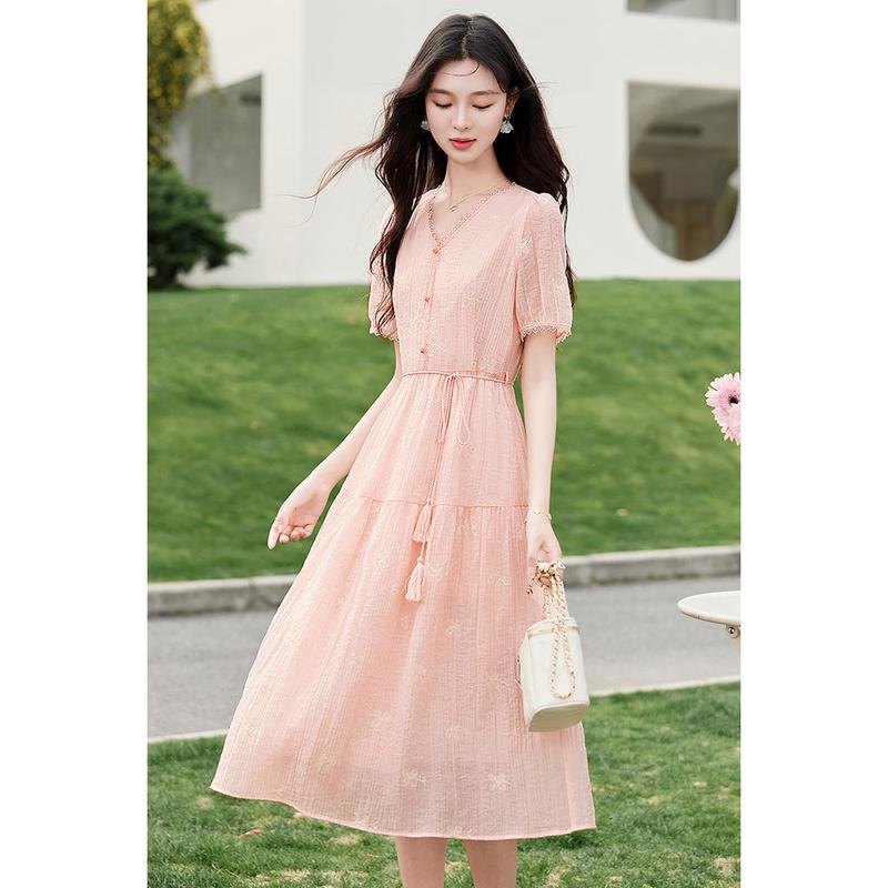 

Tencel Embroidered V-Neck A-Line Midi Dress M