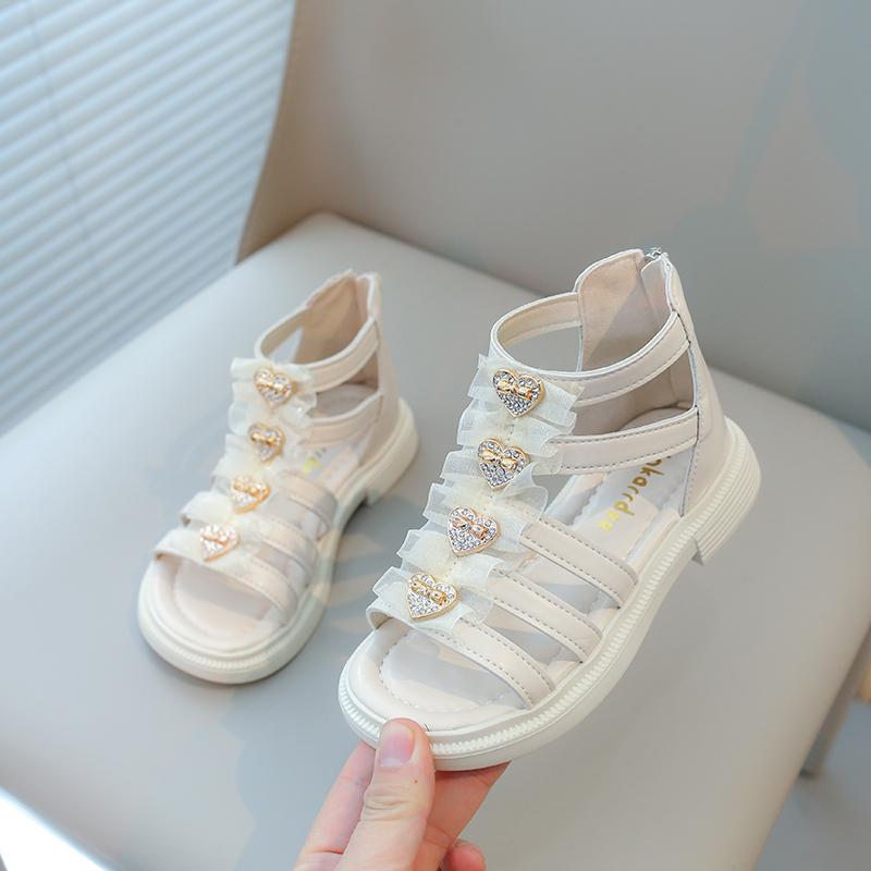 Girls Sandals Children Beach Shoes Kids Gladiator Sandals with Heart Metal Buckle Decoration Back Zipper with Lace Princess 2024