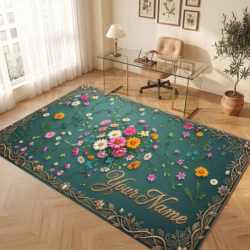 Floral Garden Theme Crystal Velvet Floor Rug Personalized Custom Name Text Warm Carpet Home Decoration