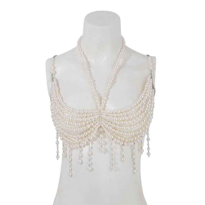 Unique Designs Elegant Pearls Body Jewelry Bra Chain Soft Fabric Decorative Accessory for Bolds Fashionable Statement