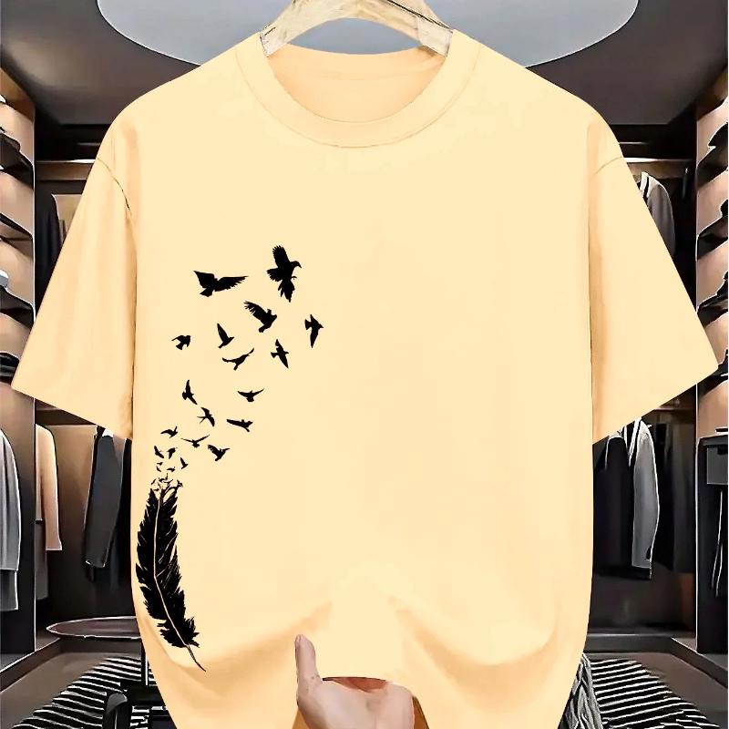 Men's Pure Cotton Summer Casual Loose Fashion Bird Creative Pattern Printed Round Neck T-shirt Versatile Top