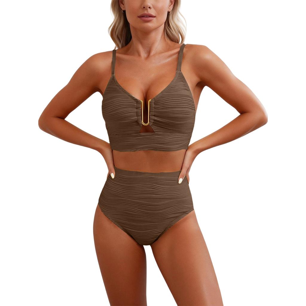 Women's Bikini V-neck Cutout High-waisted Textured Pleated Swimsuit