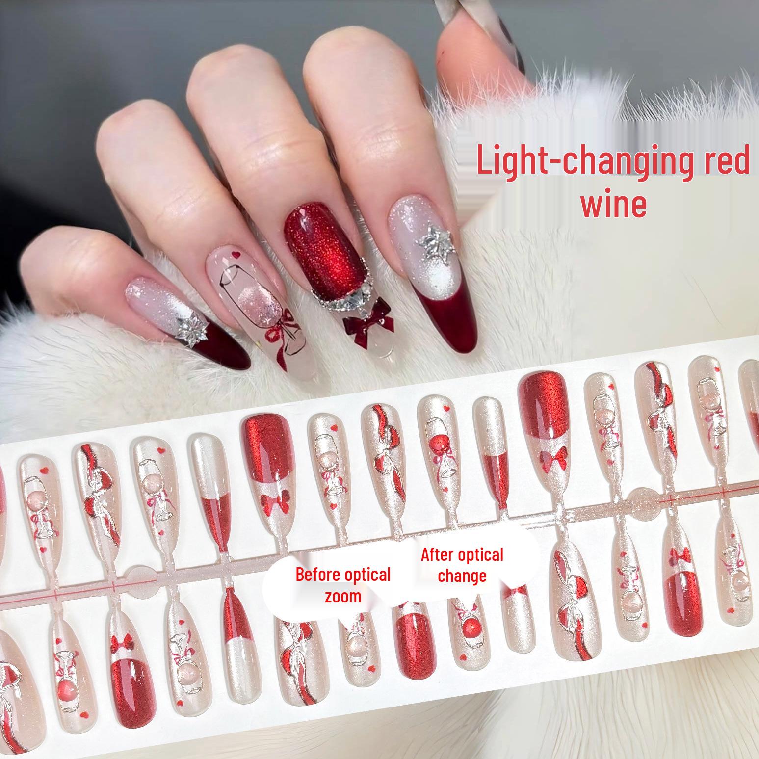 

Red Wine Mood-Changing Wearable Nail Patches with Red Ribbon Bow, 30 Pieces