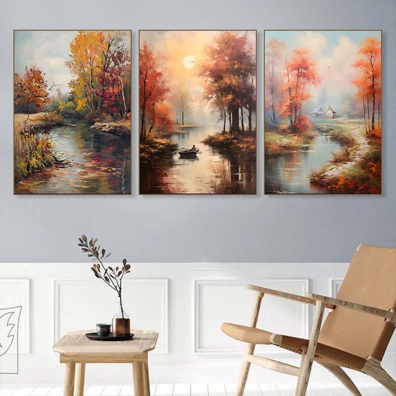Abstract Oil Painting on Canvas Print Landscape Autumn Forest The River Canvas Posters Wall Art Picture Living Room Decoration