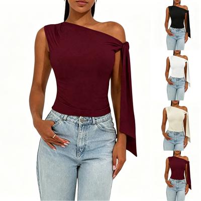 Women's Sleeveless One Shoulder Top with Tie Detail Slim Fit Solid Color Stretchy Fabric Casual Summer Blouse