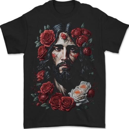 Jesus Christ With Roses Mens T-Shirt 100% Cotton XL
