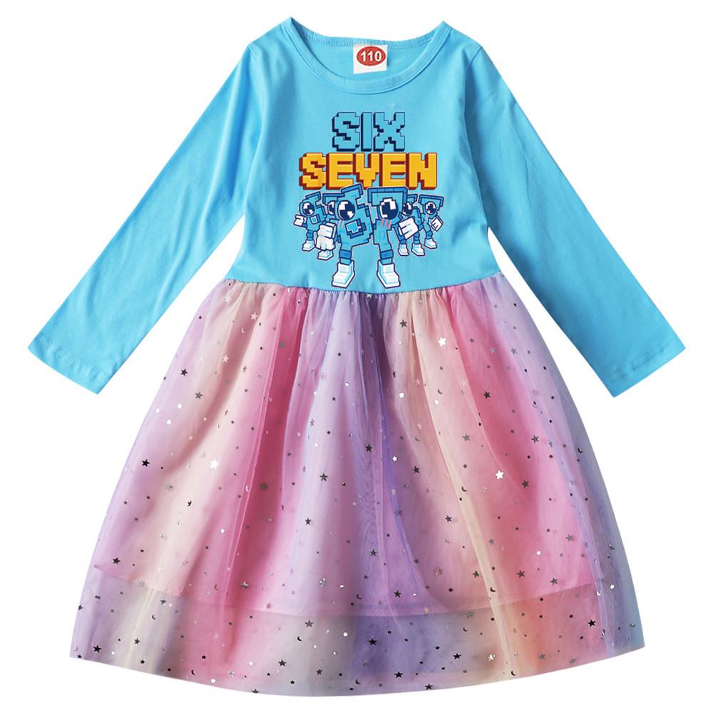 9193 Kids Girls Steal a Brainrot 67 Six Seven Print Long Sleeves Cotton Casual Sequins Rainbow Dress