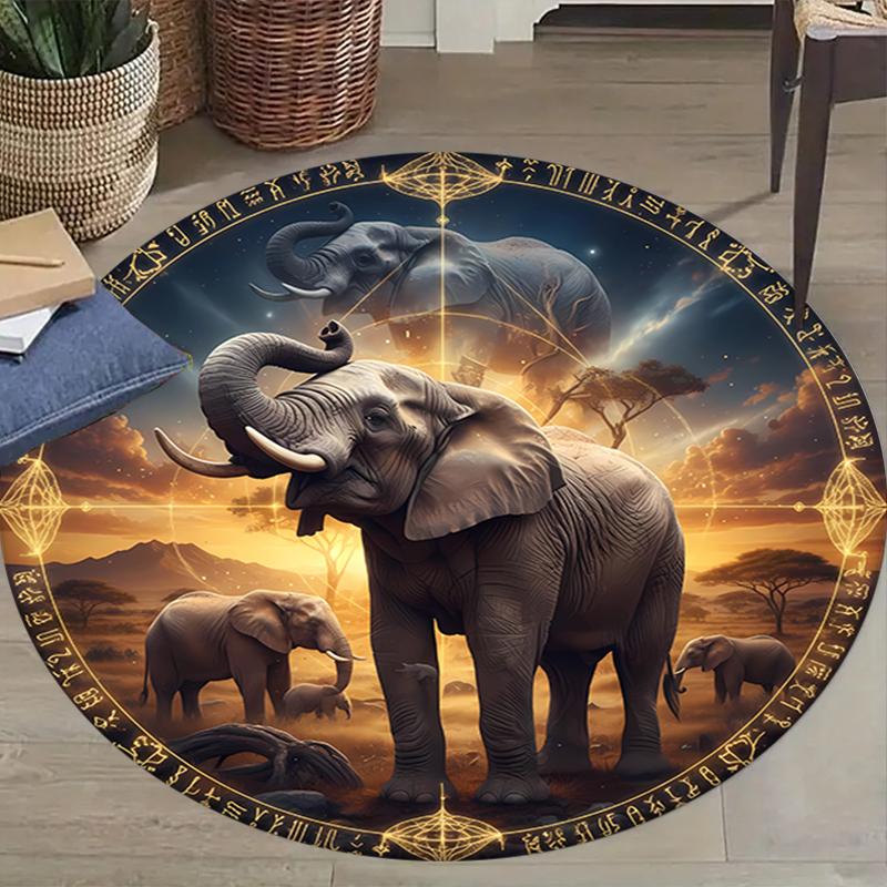 Elephant Lion Round Area Rug,Carpet Rug for Living Room Bedroom Sofa Playroom Decor,Non-slip Floor Mat