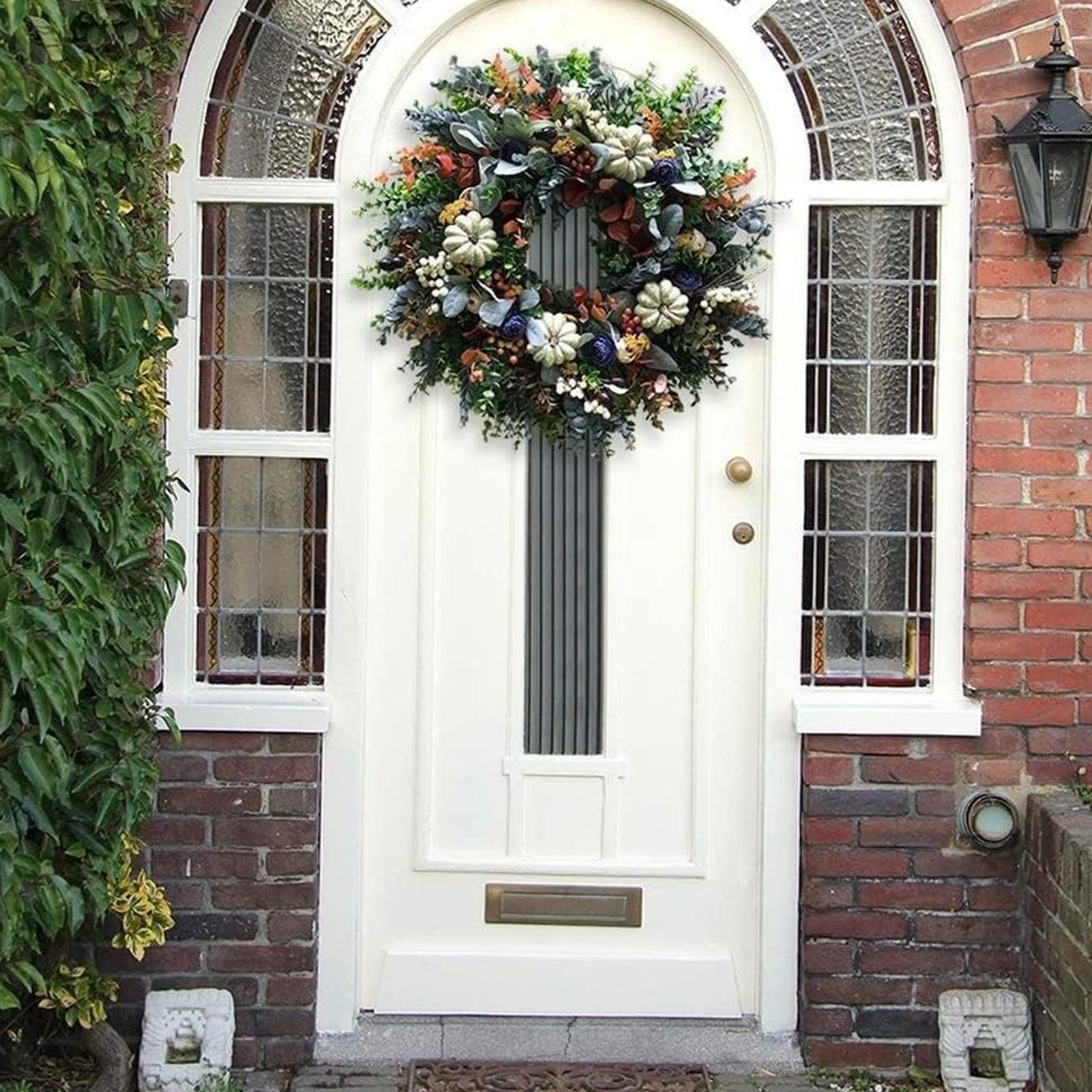 Fall Wreaths White Pumpkin Leaves Front Door Wreath Rustic Decor Sign Decorations For Porch Thanksgiving Fireplace Patio verde