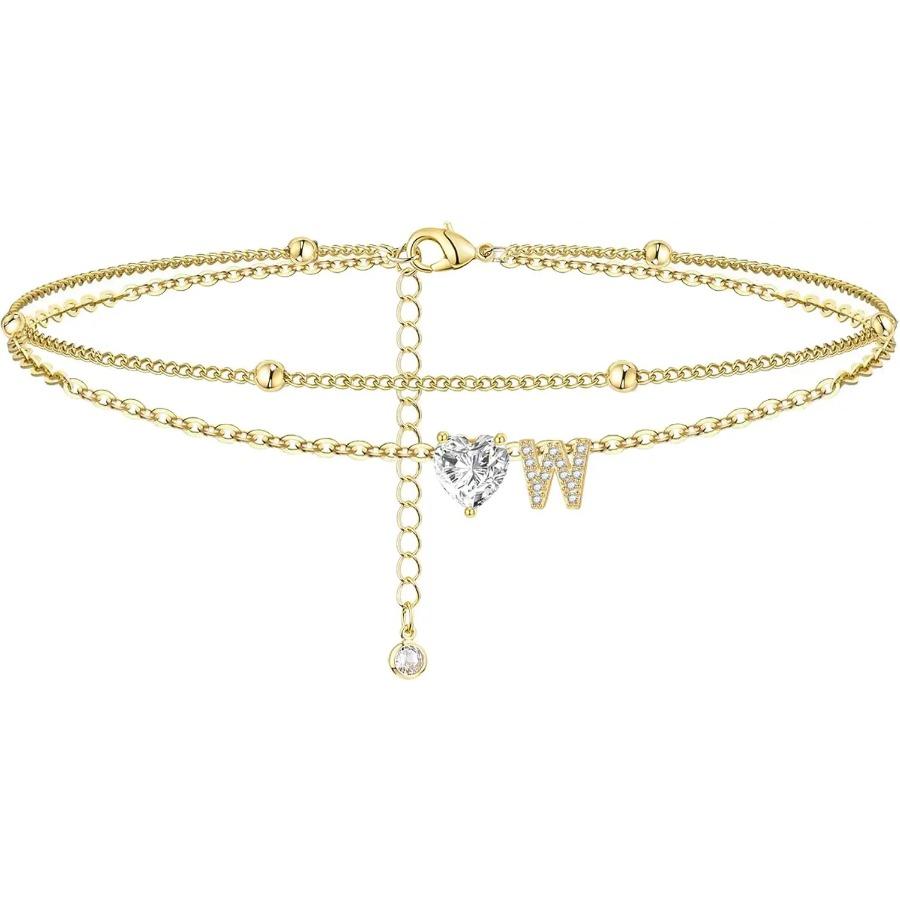 Ankle Bracelets for Women Waterproof 14K Gold Plated CZ Initial Dainty Layered Heart Anklets Foot Chain Summer Beach Jewelry