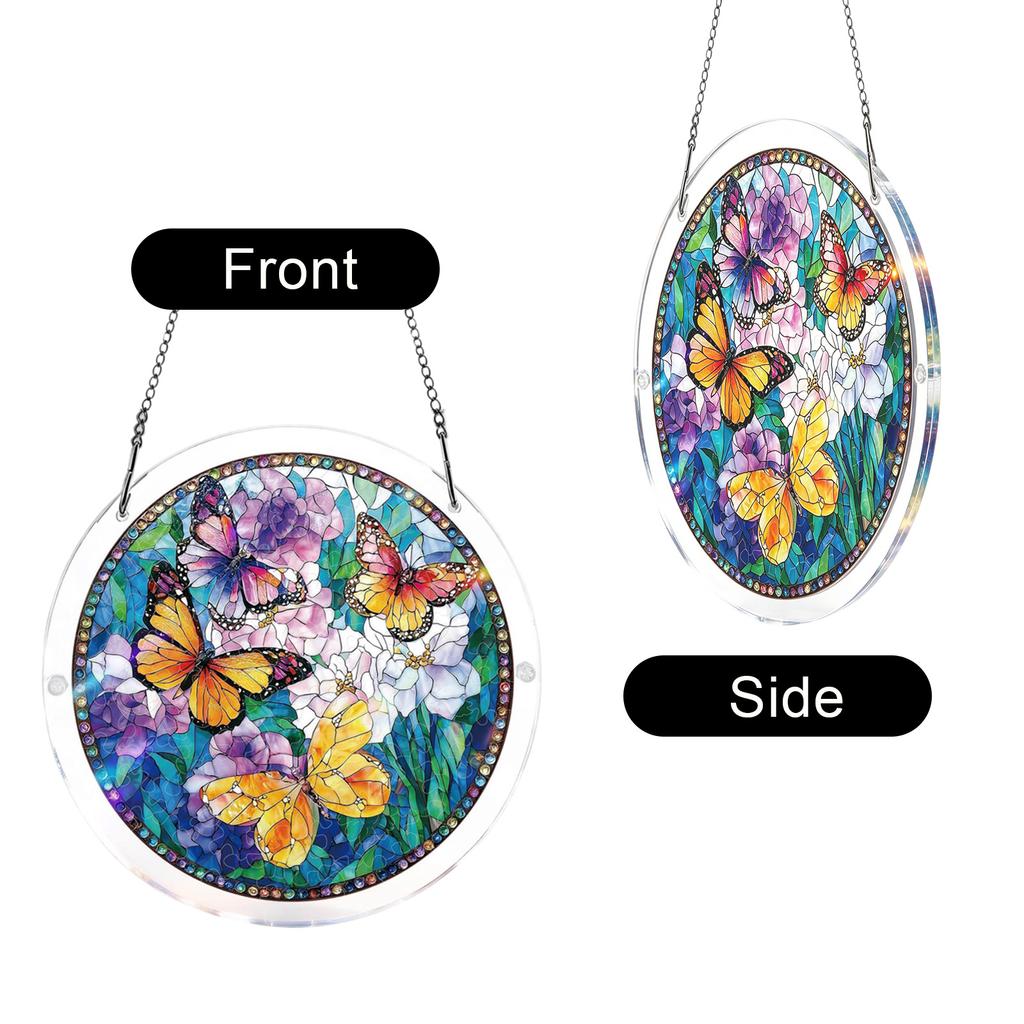 Acrylic Sun Catcher Round Hanging Panel Butterfly Floral Pattern Stained Glass Style Window Decor Ornament for Indoor Outdoor Spaces
