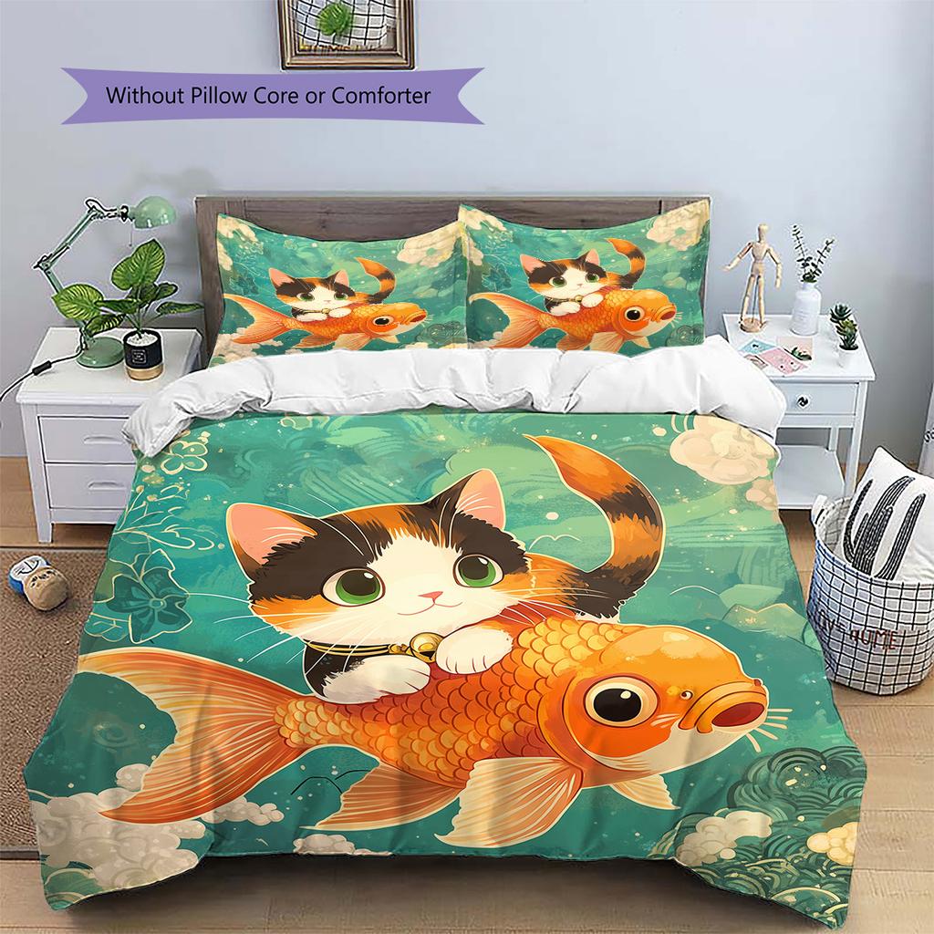 Cat and Fish Pattern Bedding Quilt Set Home Decoration Gift (1 * duvet cover + 2 * pillowcase without core)