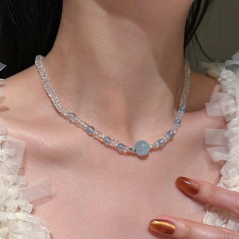 Bee Mom Handmade Large Sea Blue Agate White Crystal Necklace for Women, High-end Light Luxury Elegant Collarbone Chain for Summer