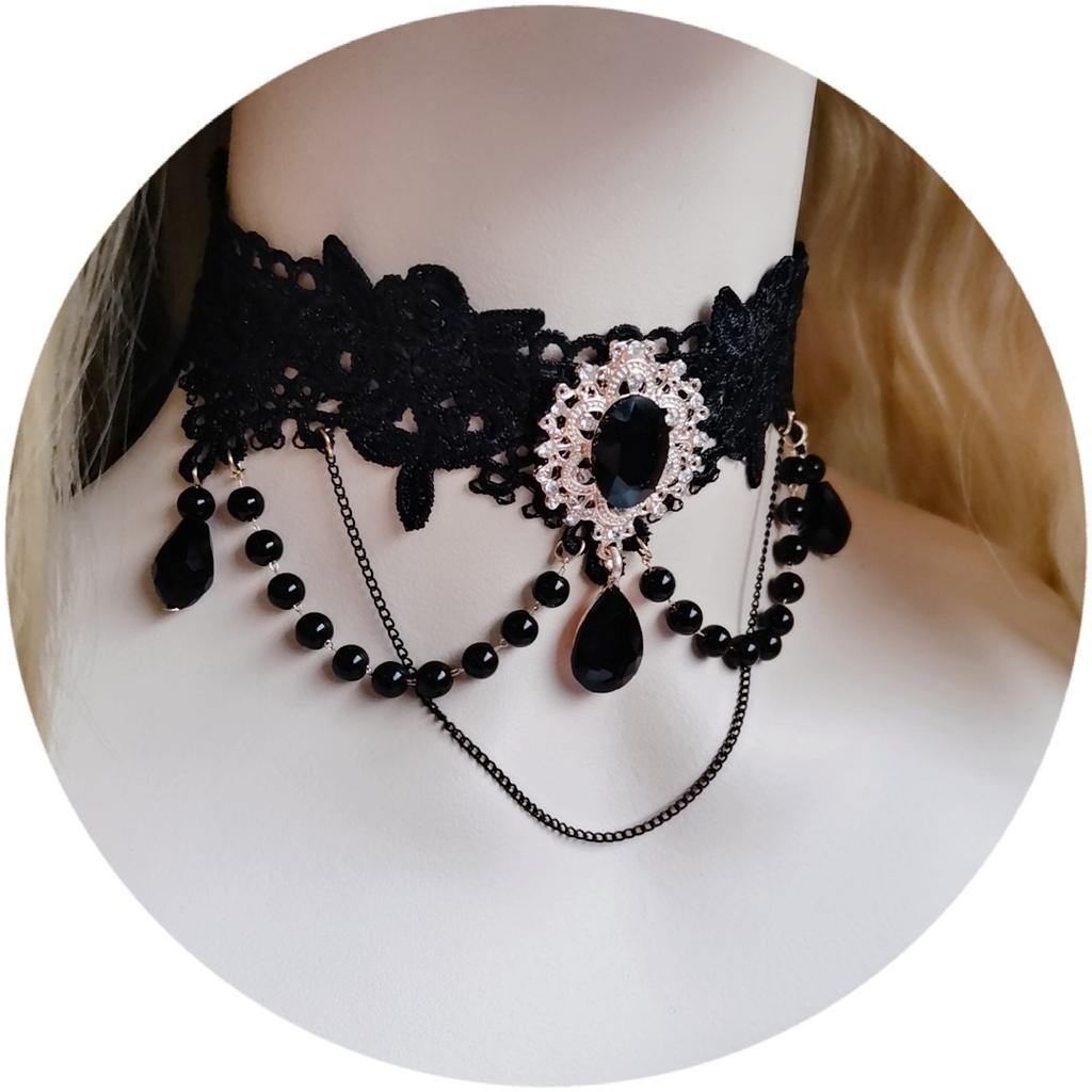 Elegant Gothic Lace Choker Necklace Halloween Vintage Pearl Necklaces with Crown Halloween Victorian Lolita Costume Accessories