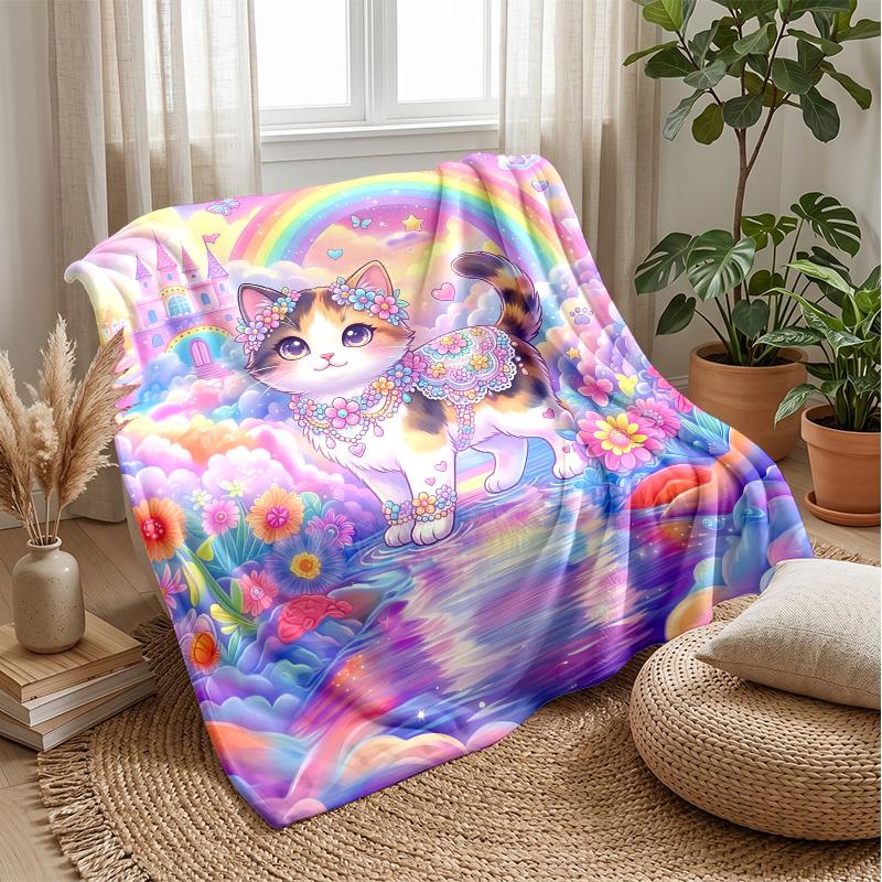 Fantasy Cat Flowers Sky Theme blanket Lightweight Warm Flannel Blanket Decorative Throw Blanket for Home Decoration