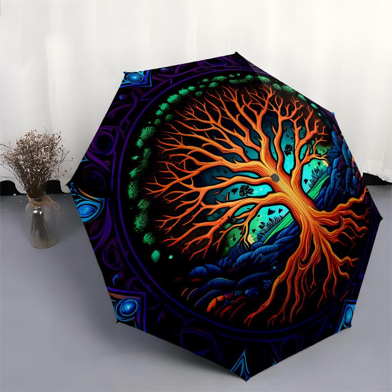 Enchanted Tree of Life Stained Window PanelUmbrella, Portable 3-Fold Compact Umbrella for Men & Women Gift
