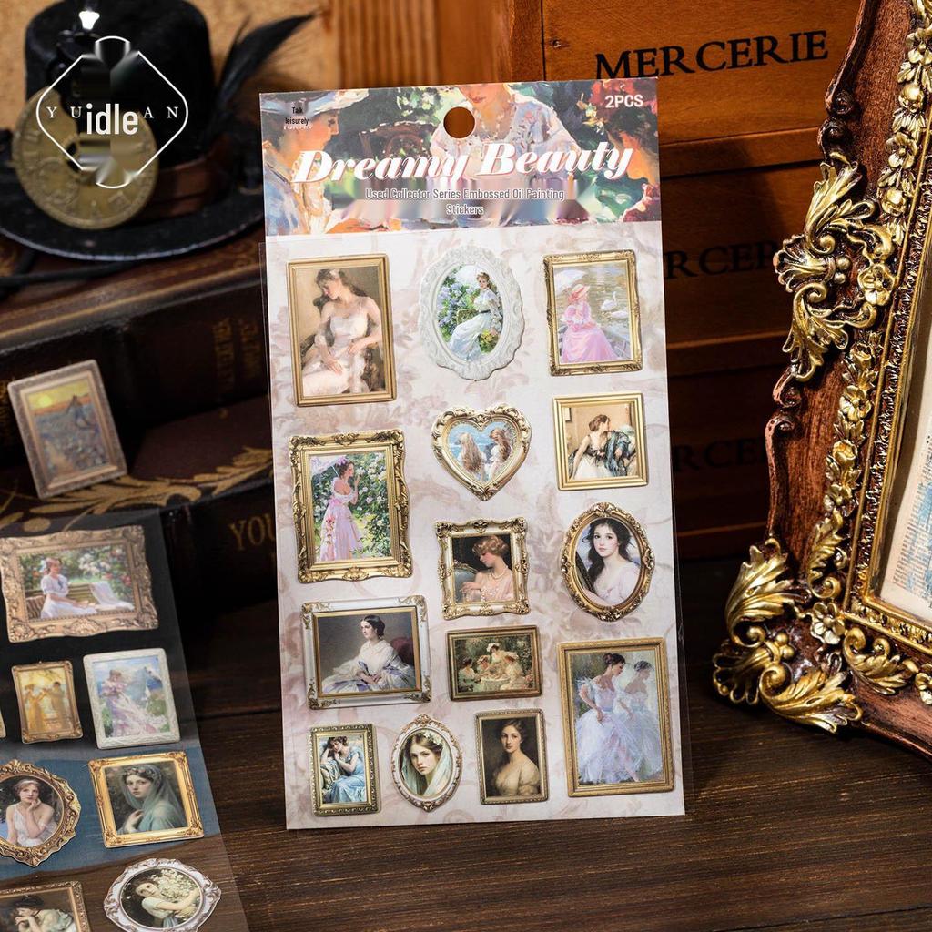 Yuxian Antique Collection: Embossed Oil Painting Stickers - Retro European Style, Journal Decoration, 2 Sheets, 4 Designs.