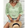Women S Solid Color Knit Sweater Loose Fit Round Neck 3 4 Sleeve Casual Top
