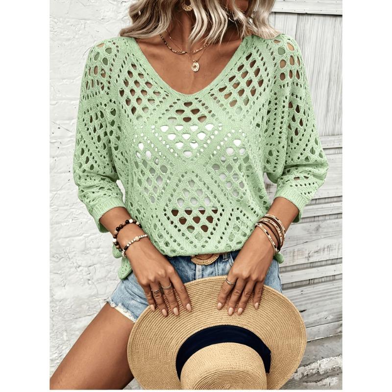 Women S Solid Color Knit Sweater Loose Fit Round Neck 3 4 Sleeve Casual Top