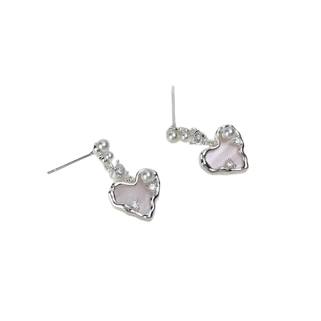 S925 Silver Needle Pink Heart Earrings - Gold Plated Brass with Drip Oil, Zircon, and Pearl Accents. Cute and Sweet Studs.