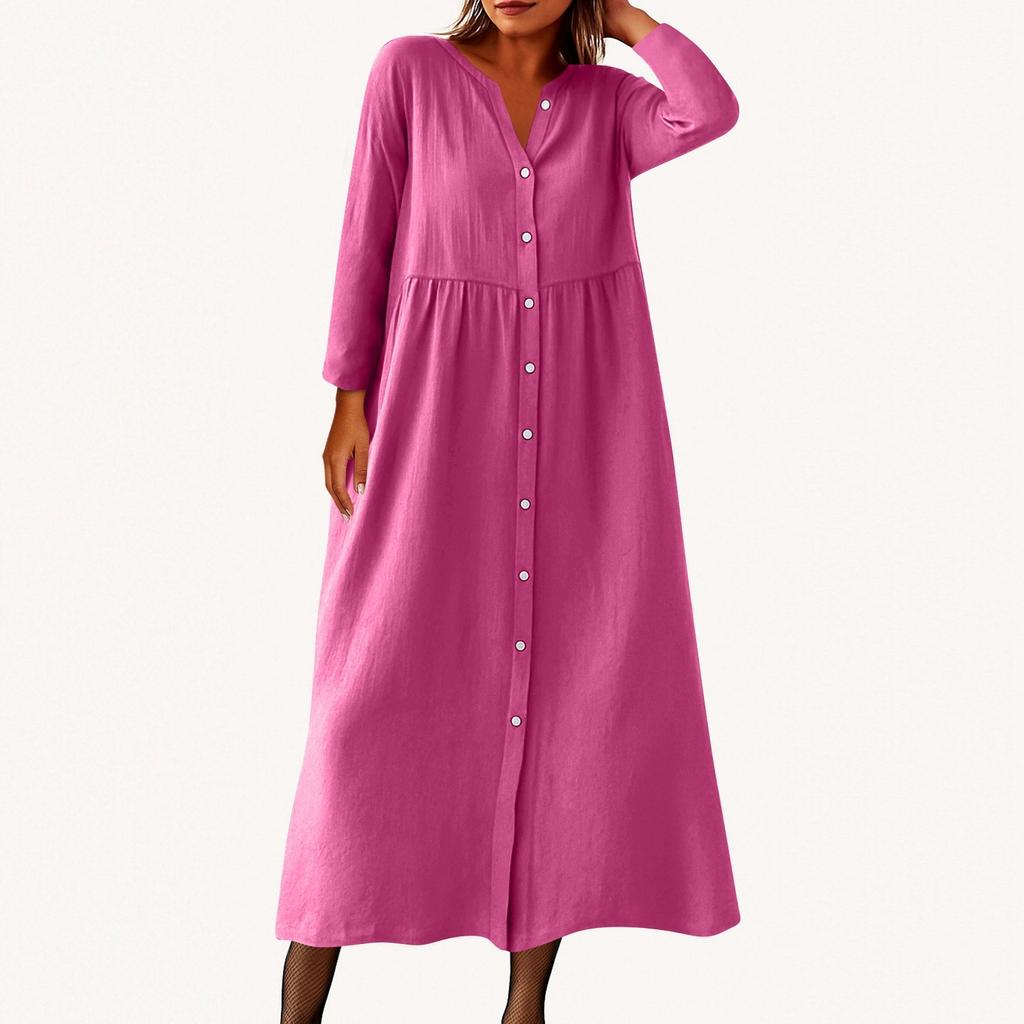 Women's Fashionable Solid Color Round Neck Seven Quarter Sleeve Button Loose Shirt Dress