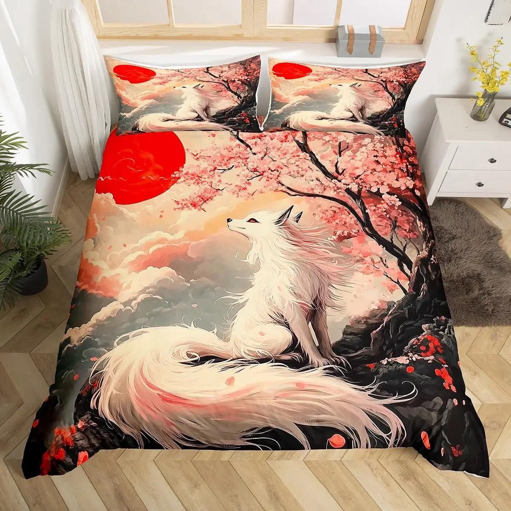 Japanese Landscape Duvet Cover Set for Teens Adults Queen Quilt Covers Lightweight Down 2 Pillowcases 1 Duvet Cover No Comforter