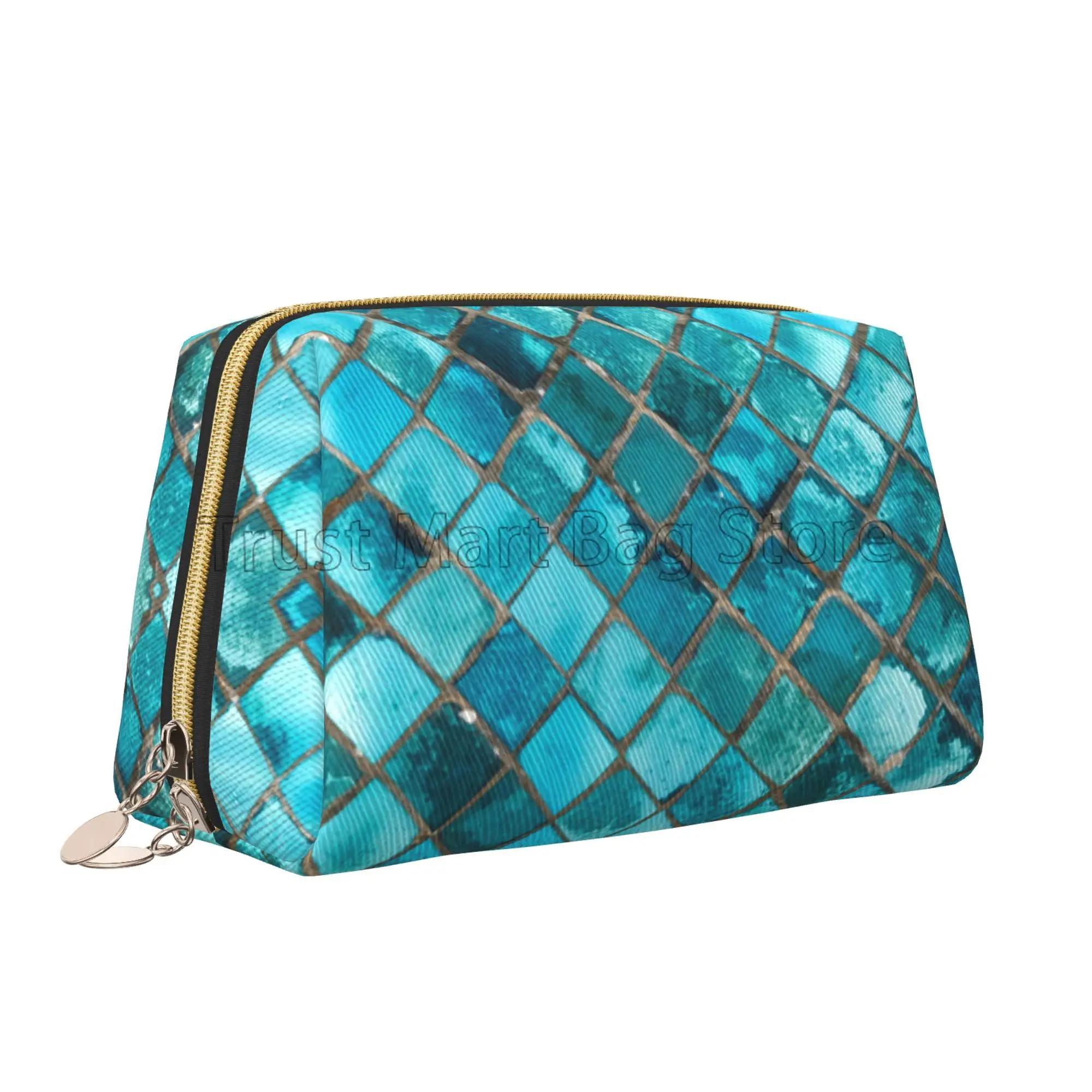 

Turquoise Blue Makeup Bag Leather Women Travel Toiletry Pouch Cosmetic Bag Portable Multifunctional Storage for Friend Wife Gift
