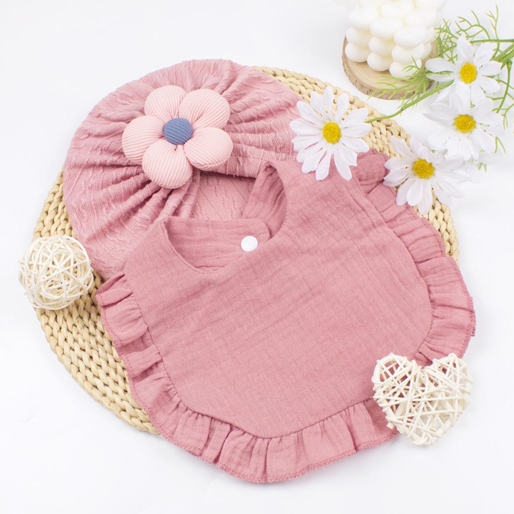 2Pcs Baby Hat Bibs Set Cute Flower Newborn Girl Turban Cap Gauze Ruffle Bib Soft Elastic Infant Toddler Beanie Headwraps